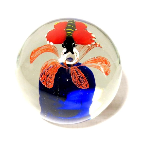 Vintage Hand Blown Art Glass Round Bubbled Paperweight Red Blue Orange - Picture 4 of 6